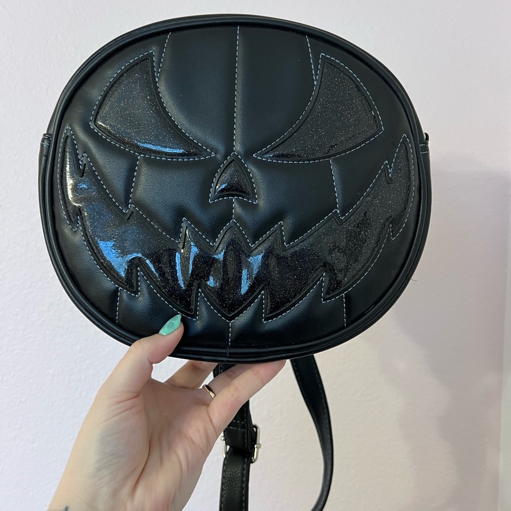 Love Pain and Stitches Black Pumpkin Face Crossbody Bag